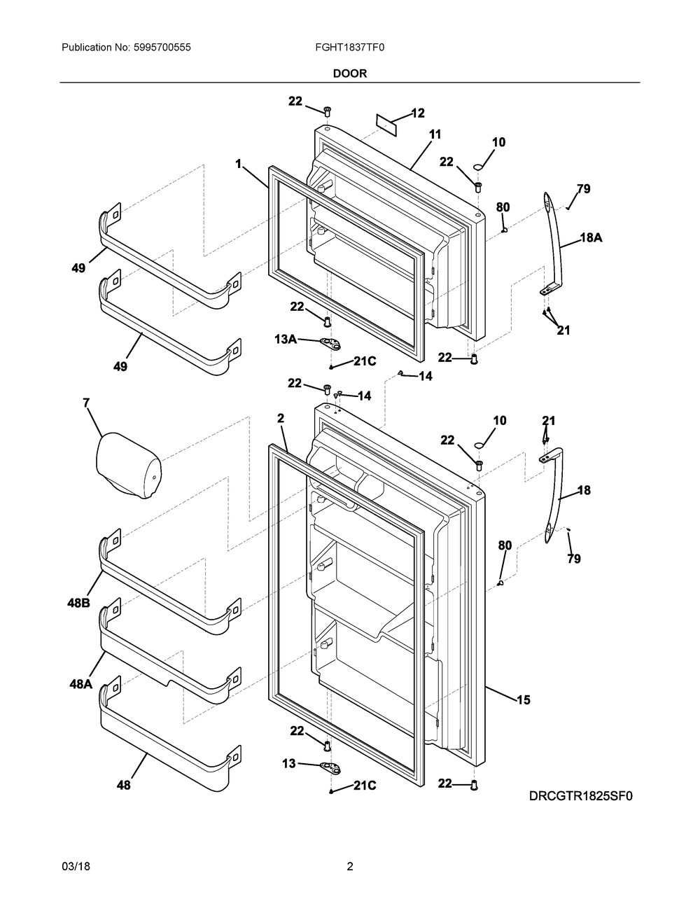 Door Diagram and Parts List for FGHT1837TF0  Frigidaire Refrigerator
