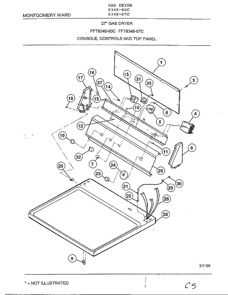 Console, Controls And Top Panel Diagram and Parts List for 8348-87C  Frigidaire Dryer