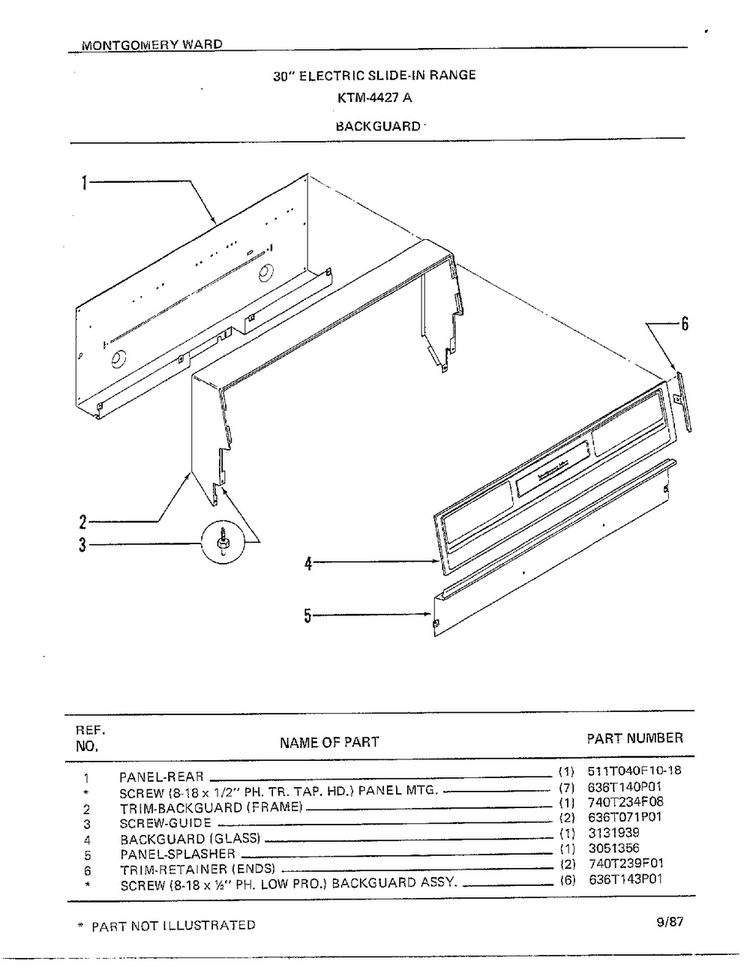 Backguard Diagram and Parts List for 4427A  Frigidaire Range