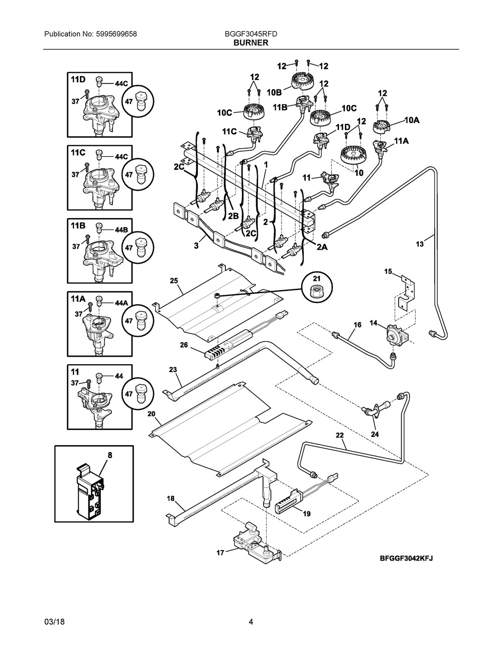 Burner Diagram and Parts List for BGGF3045RFD  Frigidaire Range