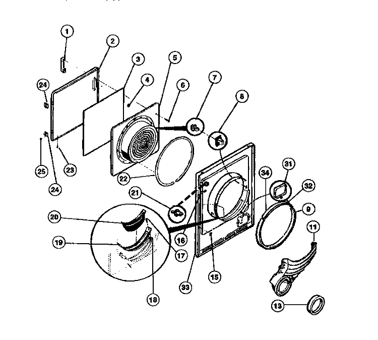 DOOR, FRONT PANEL, LINT FILTER Diagram and Parts List for DG400TXW0  Frigidaire Dryer