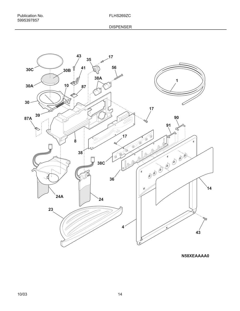 Dispenser Diagram and Parts List for FLHS269ZCW1  Frigidaire Refrigerator