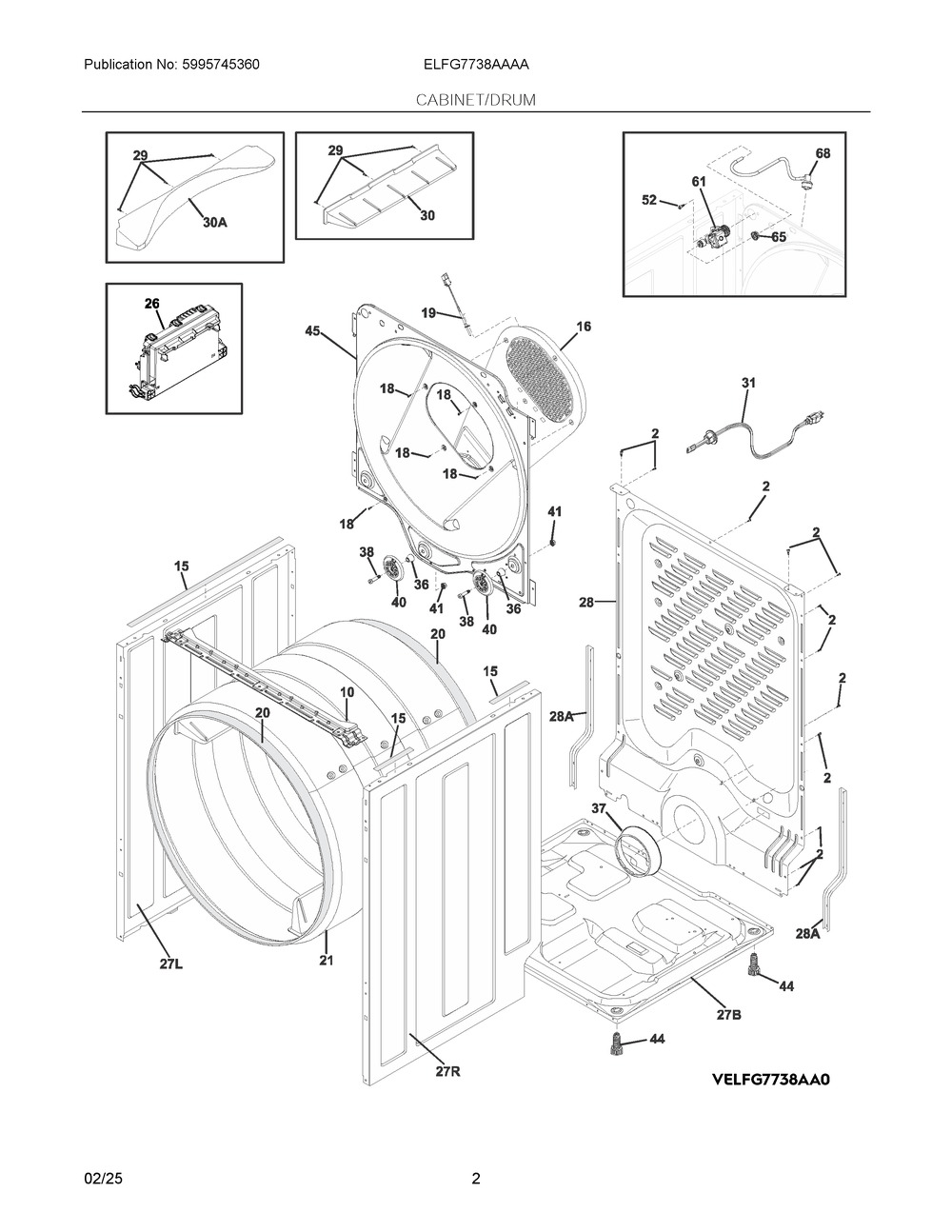 Cabinet/Drum Diagram and Parts List for ELFG7738AA0  Frigidaire Dryer