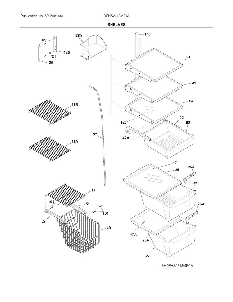Shelves Diagram and Parts List for DFHS2313MFJA  Frigidaire Refrigerator