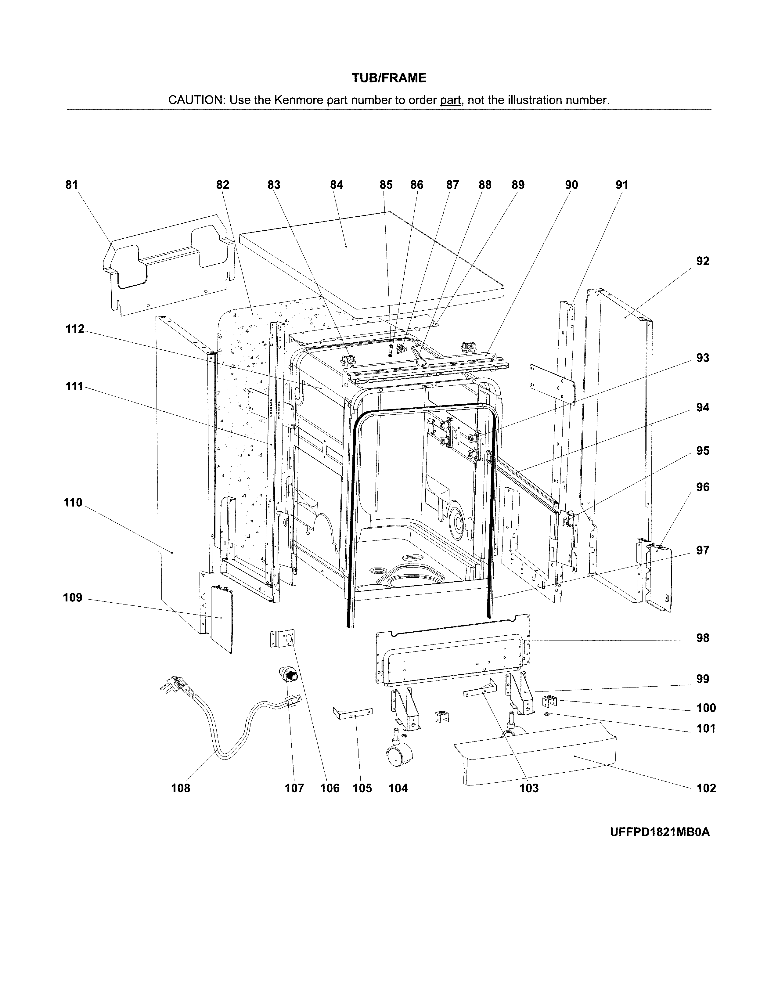 Tub/frame Diagram and Parts List for 58714652201B  Kenmore Dishwasher