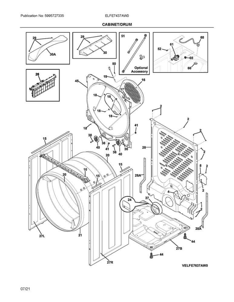 Cabinet/Drum Diagram and Parts List for ELFE7437AW0  Frigidaire Dryer