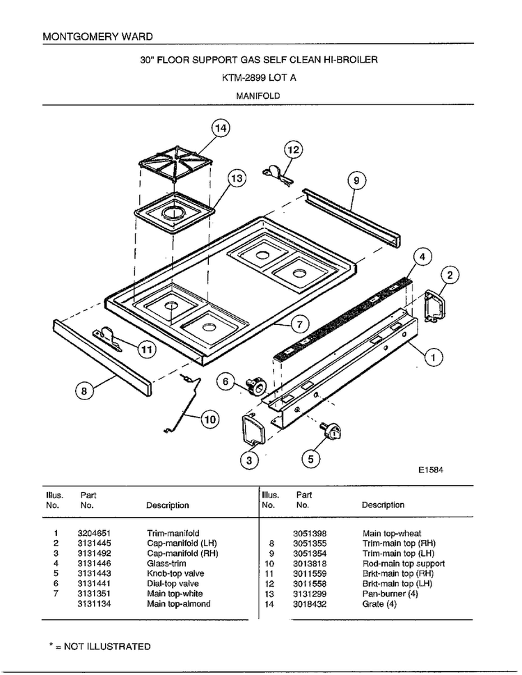 Manifold Diagram and Parts List for 2899A  Frigidaire Range