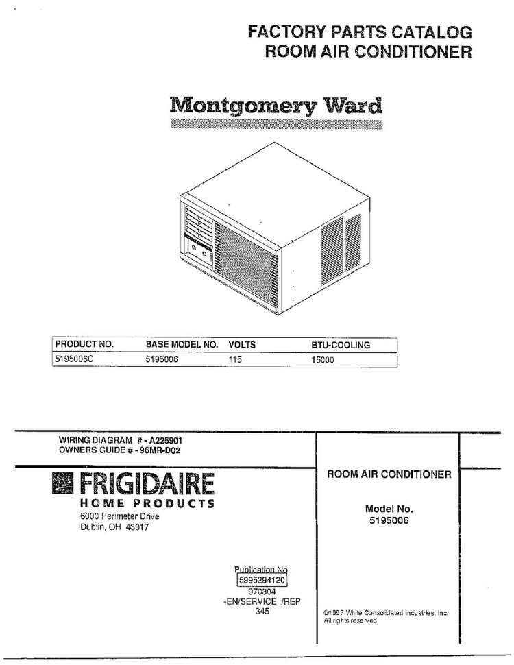 Air Conditioner Diagram and Parts List for 5195006  Frigidaire Air Conditioner