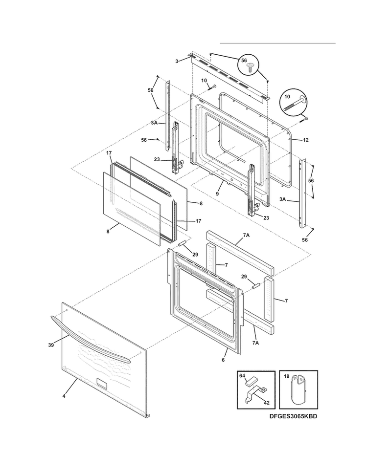 Door Diagram and Parts List for FGGS3065KBH  Frigidaire Range
