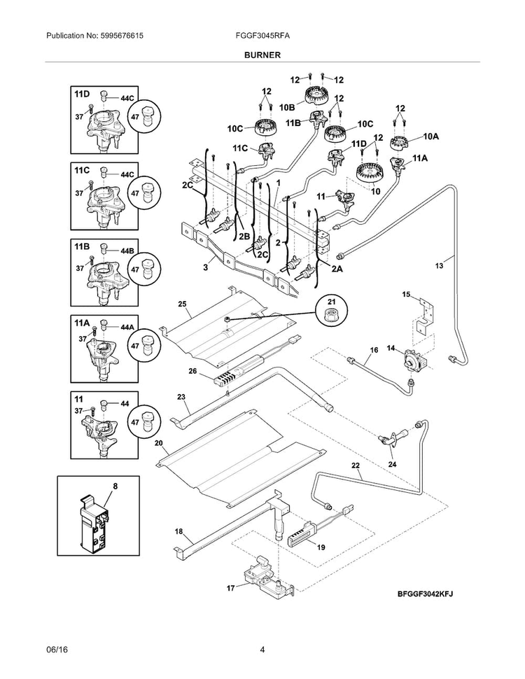 Burner Diagram and Parts List for FGGF3045RFA  Frigidaire Range