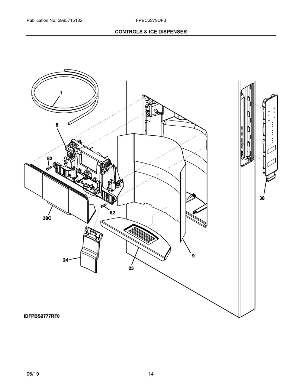 Controls & Ice Dispenser Diagram and Parts List for FPBC2278UF3  Frigidaire Refrigerator