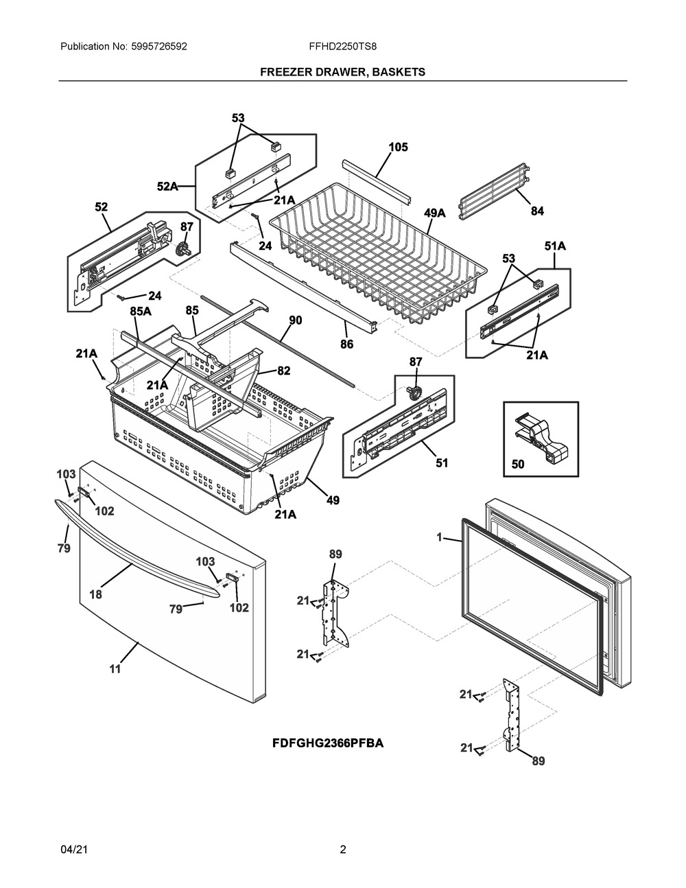 Freezer Drawer, Baskets Diagram and Parts List for FFHD2250TS8  Frigidaire Refrigerator