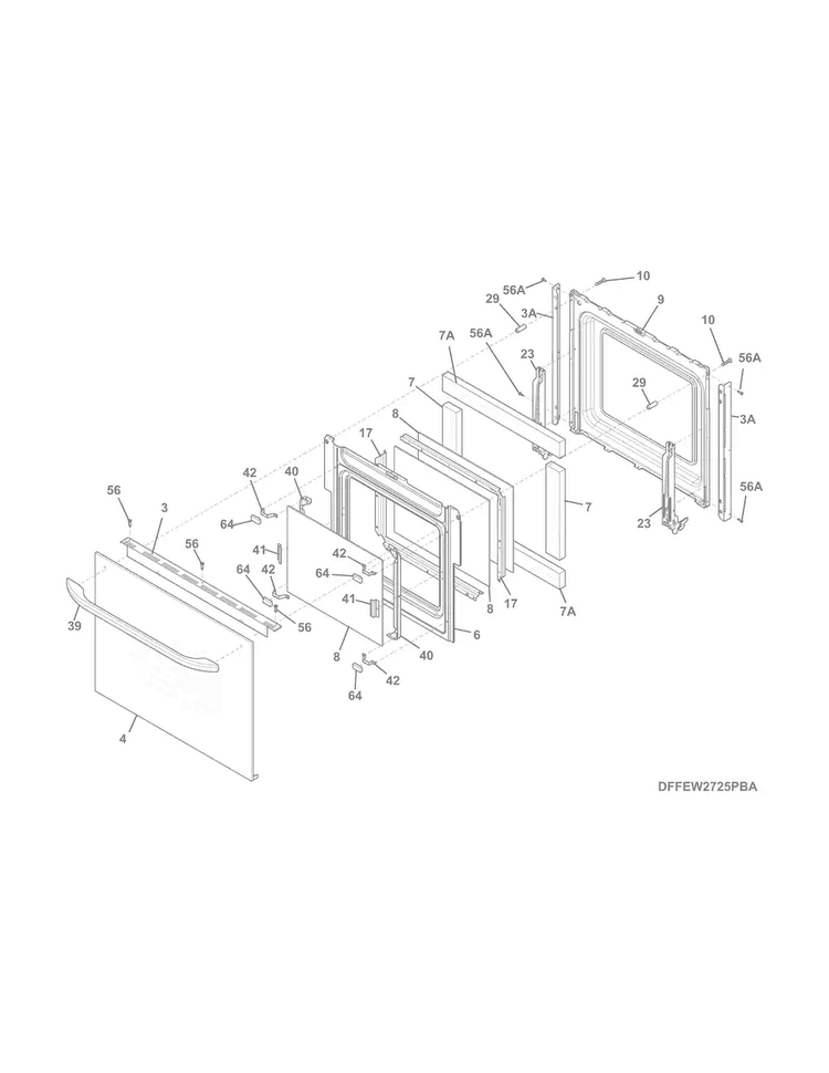 Door Diagram and Parts List for FFEW2725PBC  Frigidaire Wall Oven