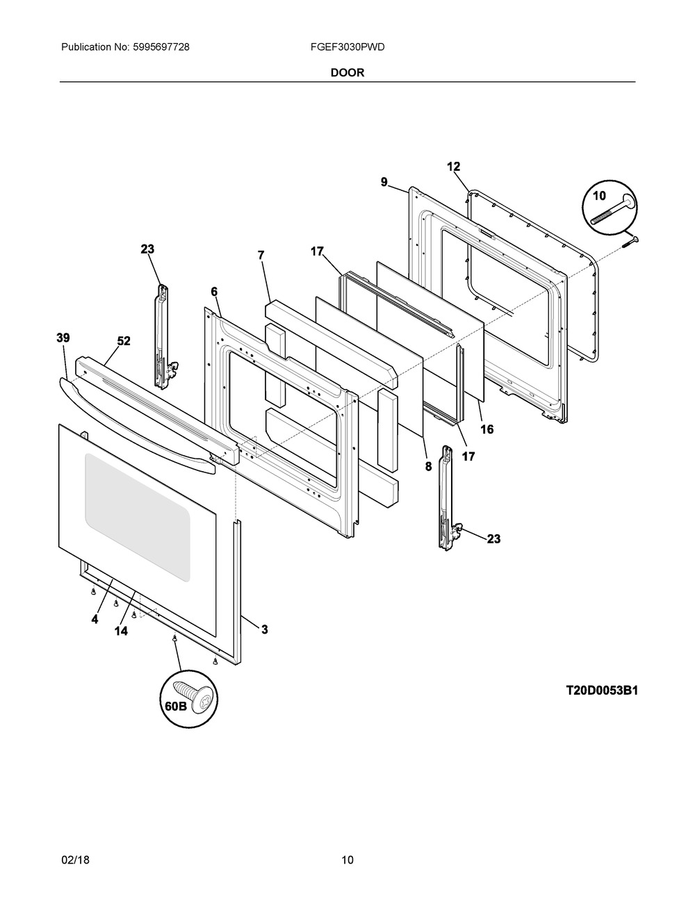 Door Diagram and Parts List for FGEF3030PWD  Frigidaire Range