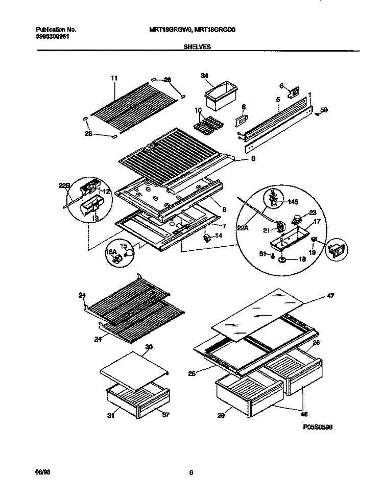 SHELVES Diagram and Parts List for MRT18GRGW0  Frigidaire Refrigerator