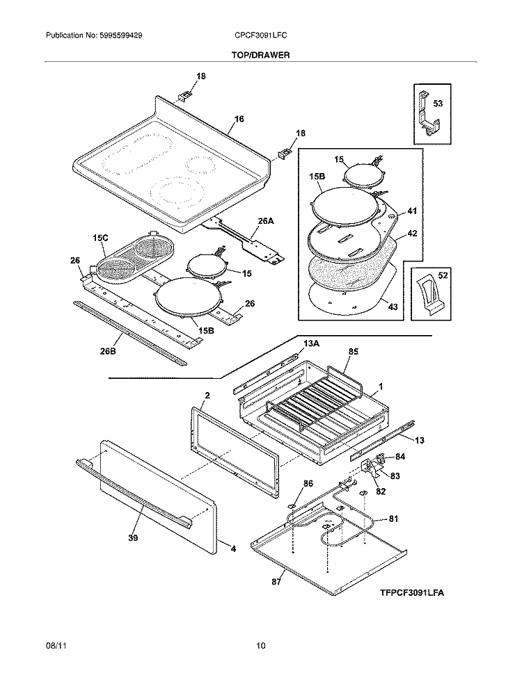 TOP/DRAWER Diagram and Parts List for CPCF3091LFC  Frigidaire Range