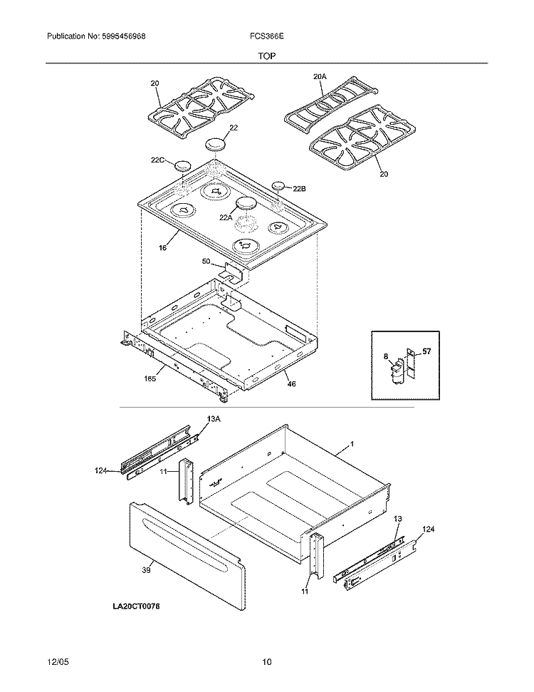 TOP / DRAWER Diagram and Parts List for FCS366EBA  Frigidaire Range