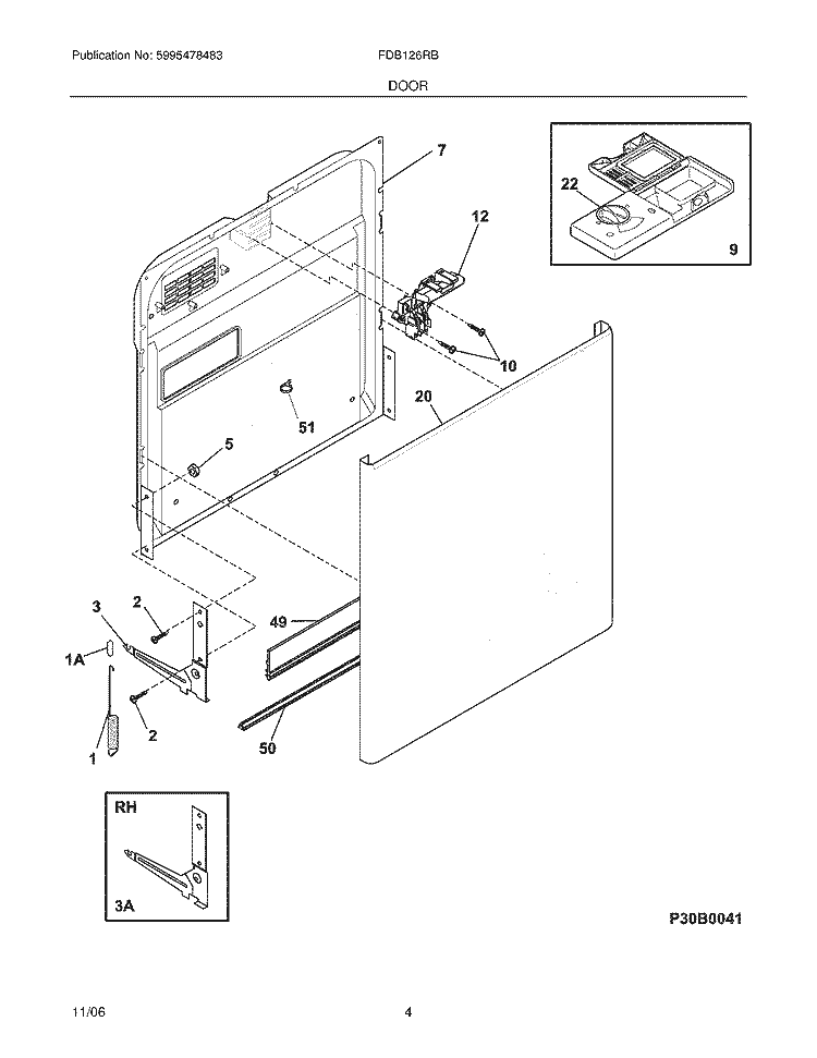 DOOR Diagram and Parts List for FDB126RBS4  Frigidaire Dishwasher