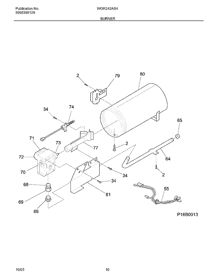 BURNER Diagram and Parts List for WGR242AS4  Westinghouse Dryer