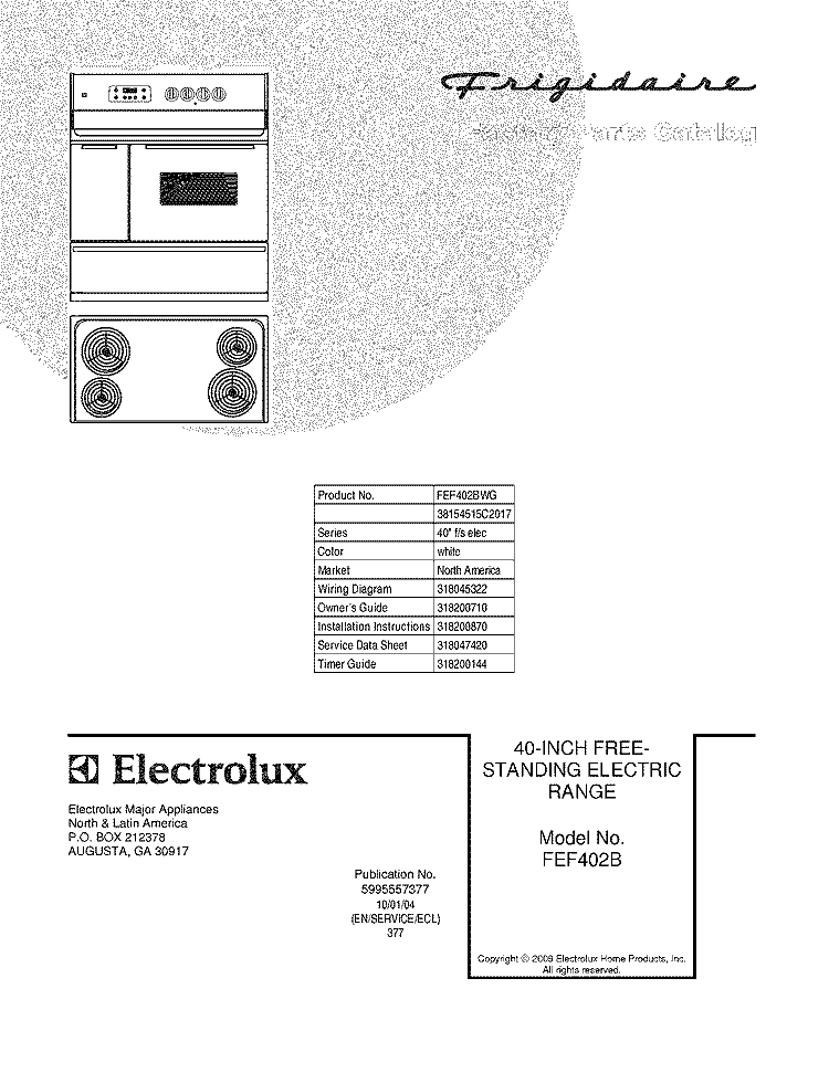 COVER Diagram and Parts List for FEF402BWG  Frigidaire Range