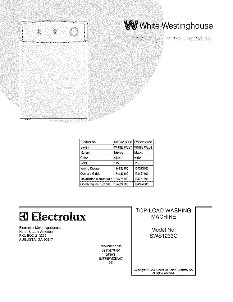 COVER Diagram and Parts List for SWS1233CQ1  Westinghouse Washer