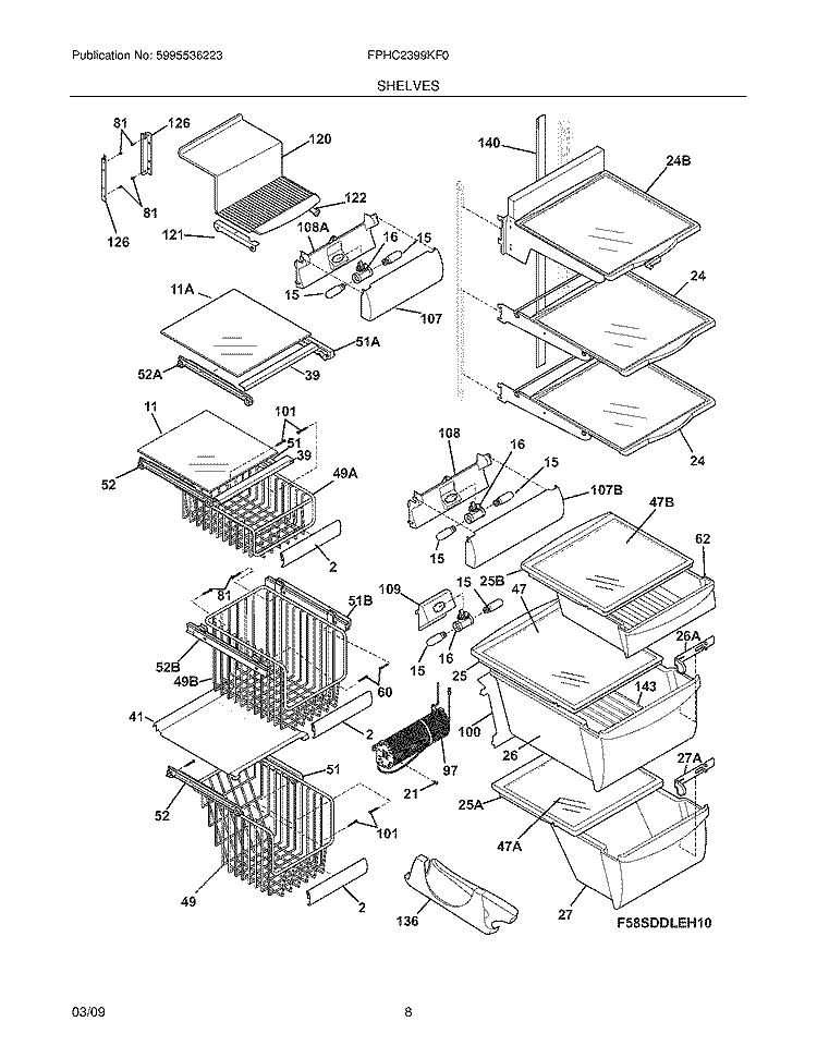 SHELVES Diagram and Parts List for FPHC2399KF0  Frigidaire Refrigerator