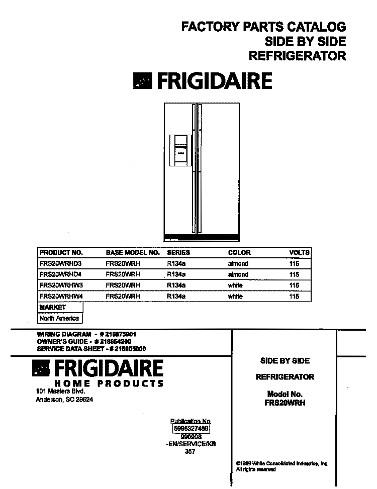 COVER Diagram and Parts List for FRS20WRHW4  Frigidaire Refrigerator