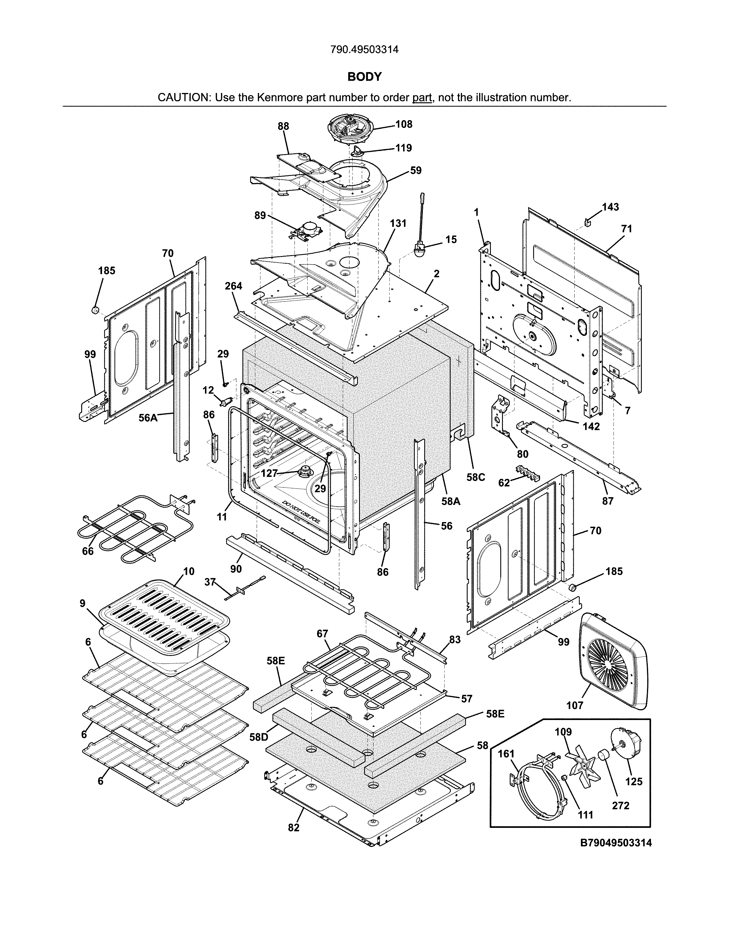 Body Diagram and Parts List for 79049503314  Kenmore Wall Oven