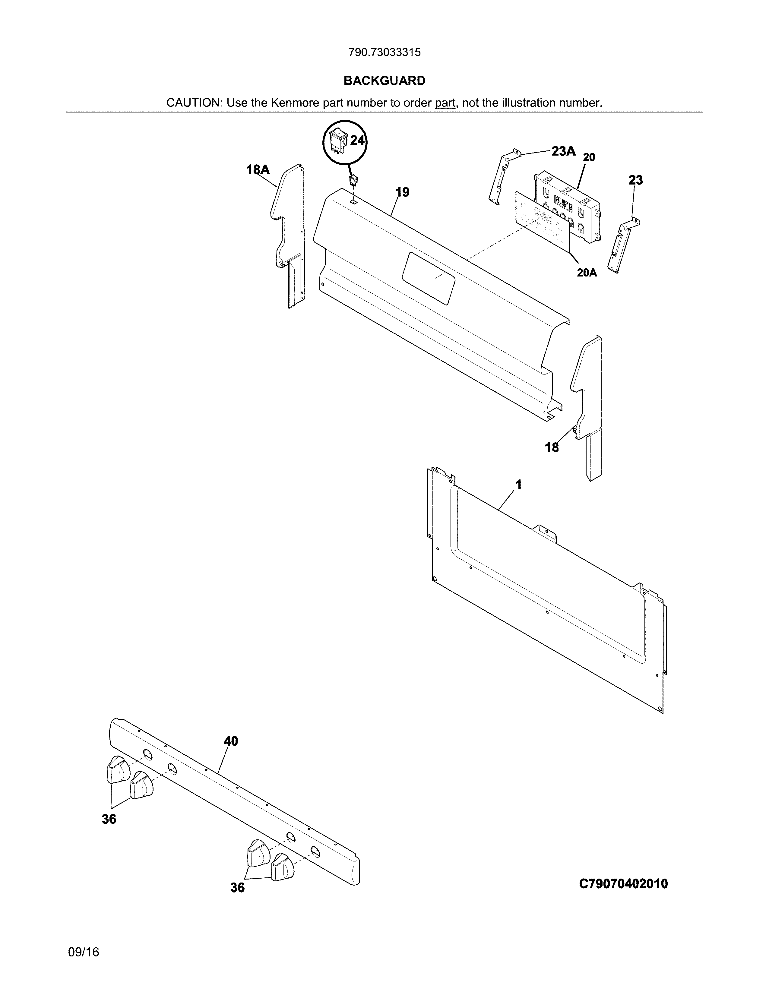 Backguard Diagram and Parts List for 79073033315  Kenmore Range