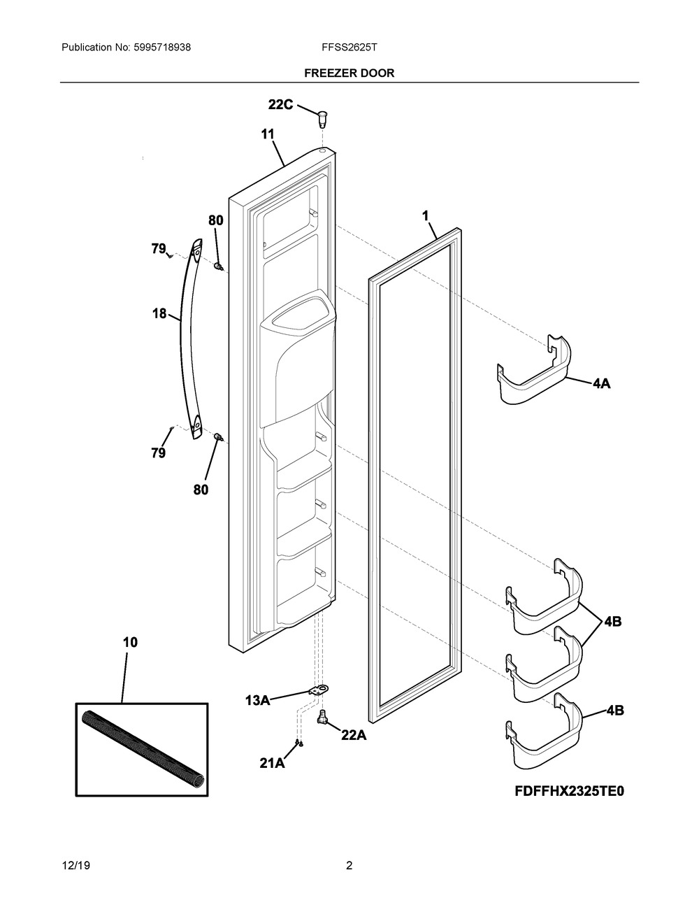 Freezer Door Diagram and Parts List for FFSS2625TP3  Frigidaire Refrigerator