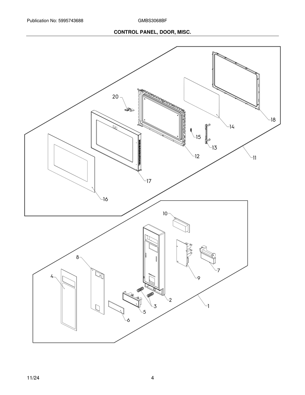 Control Panel, Door, Misc. Diagram and Parts List for GMBS3068BF  Frigidaire Microwave