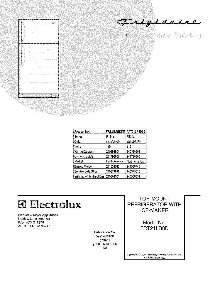 COVER Diagram and Parts List for FRT21LR8DSB  Frigidaire Refrigerator