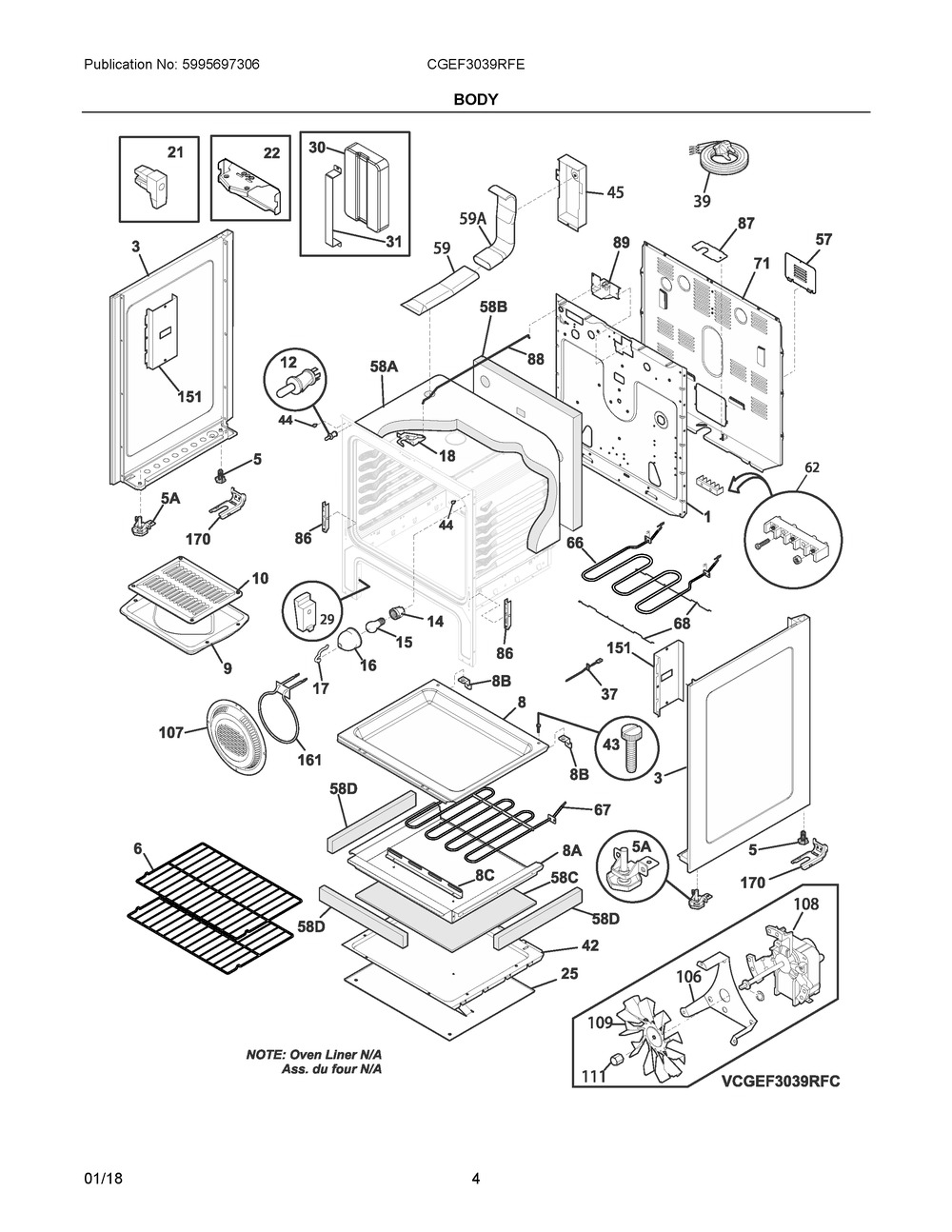 Body Diagram and Parts List for CGEF3039RFE  Frigidaire Range