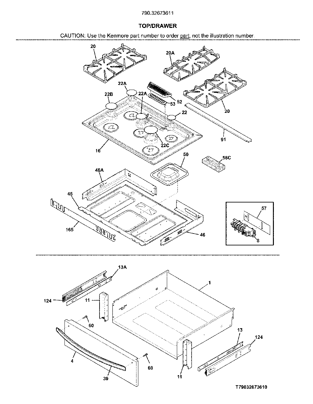 Top/drawer Diagram and Parts List for 79032673611  Kenmore Range