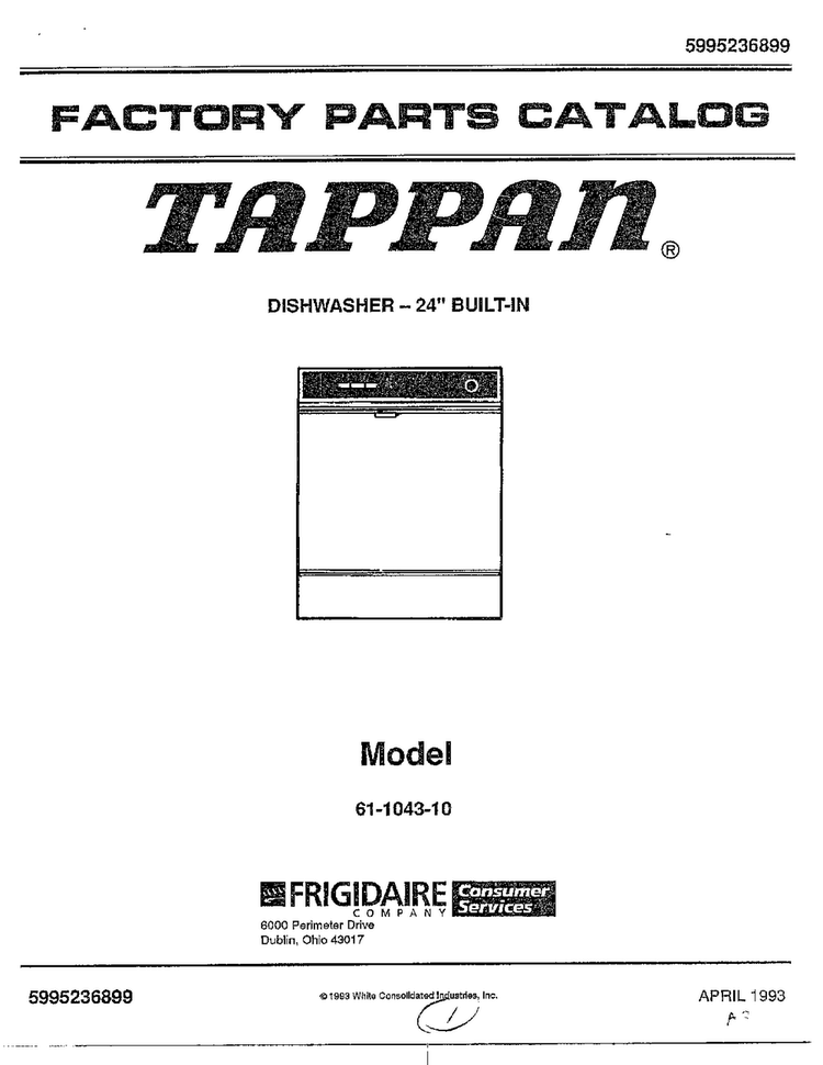 Cover Diagram and Parts List for 61-1043-10  Frigidaire Dishwasher