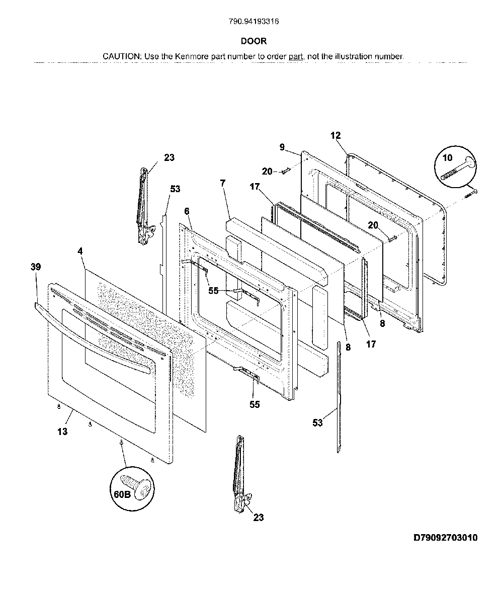 Door Diagram and Parts List for 79094193316  Kenmore Range