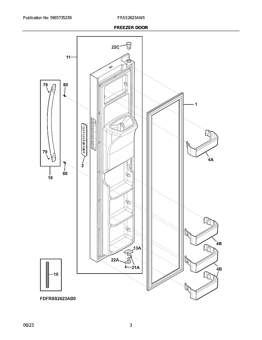 Freezer Door Diagram and Parts List for FRSS2623AW5  Electrolux Refrigerator