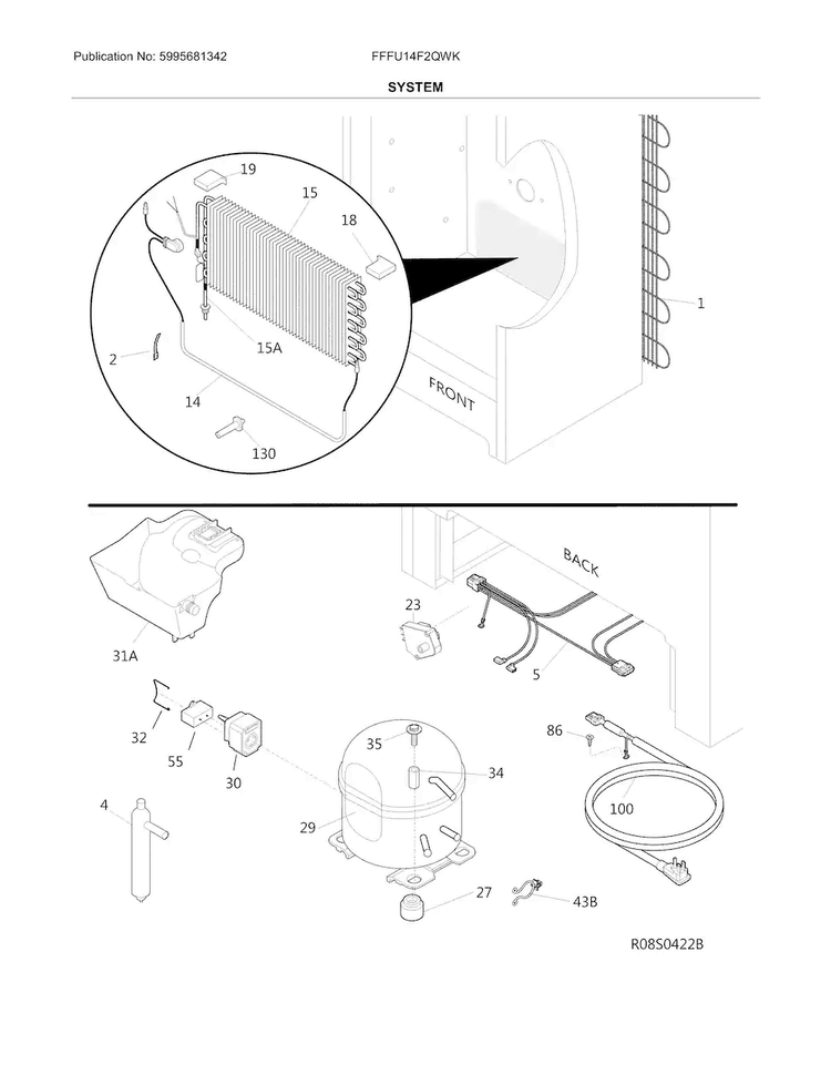 System Diagram and Parts List for FFFU14F2QWK  Frigidaire Freezer