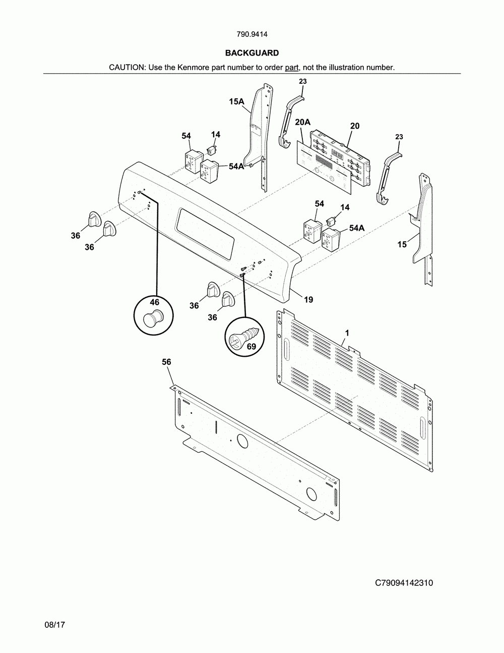 Backguard Diagram and Parts List for 79094149312  Kenmore Range