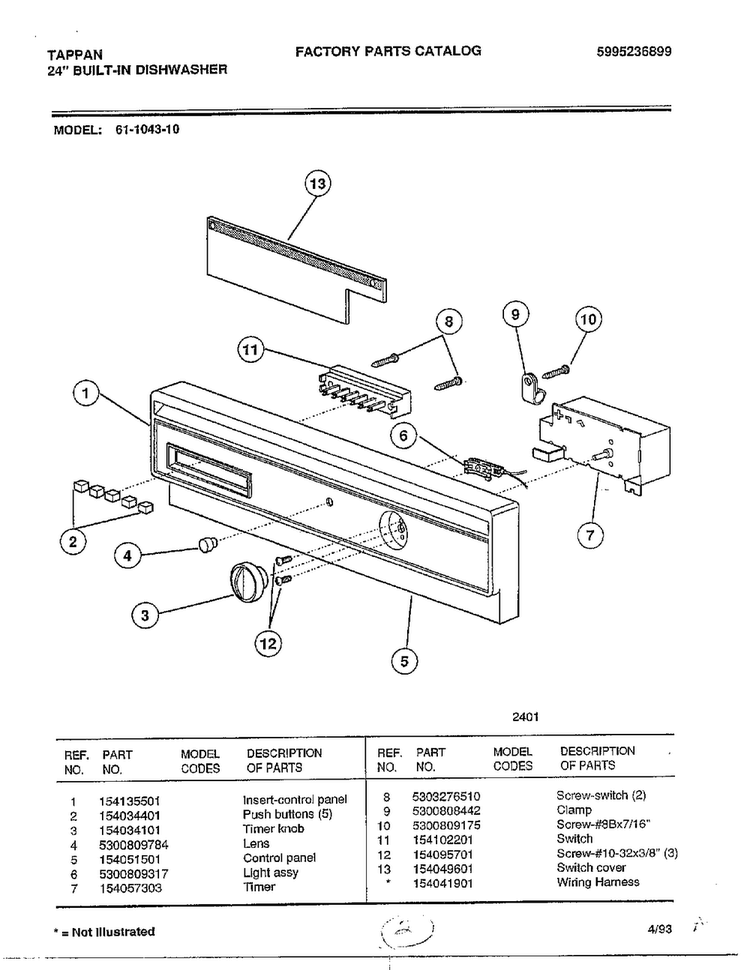 Timer/control Panel Insert Diagram and Parts List for 61-1043-10  Frigidaire Dishwasher