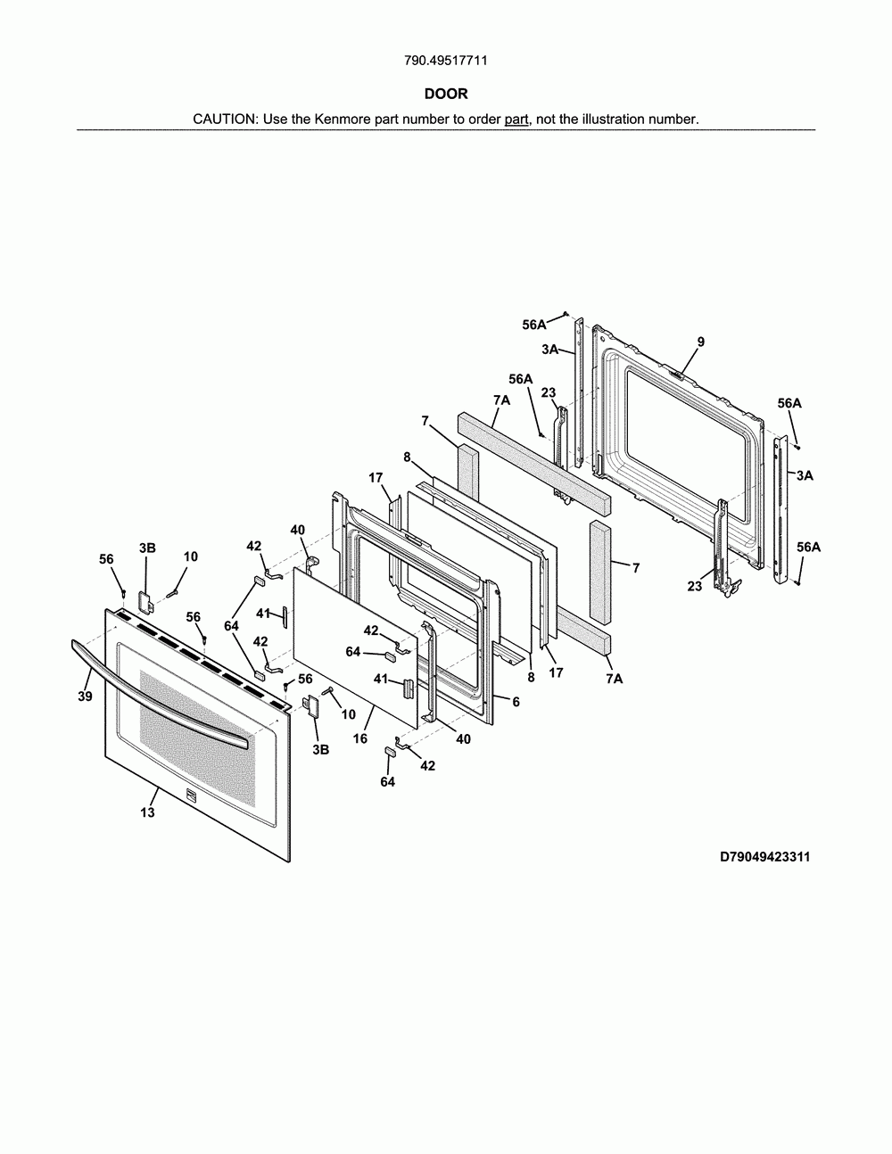 Door Diagram and Parts List for 79049517711  Kenmore Wall Oven