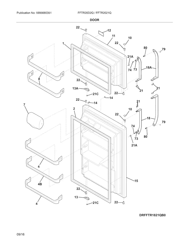 Doors Diagram and Parts List for FFTR2021QB2  Frigidaire Refrigerator