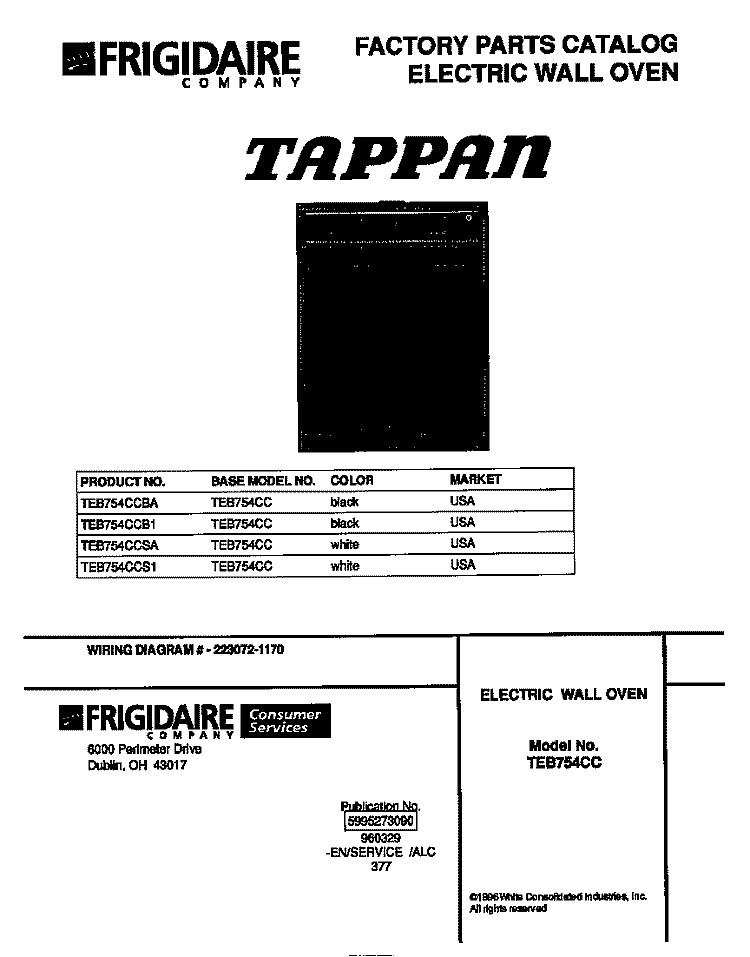 COVER Diagram and Parts List for TEB754CCS1  Tappan Wall Oven