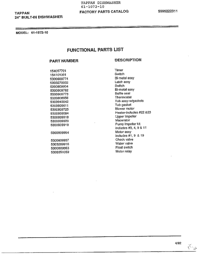Functional Parts List Diagram and Parts List for 61-1072-10  Frigidaire Dishwasher