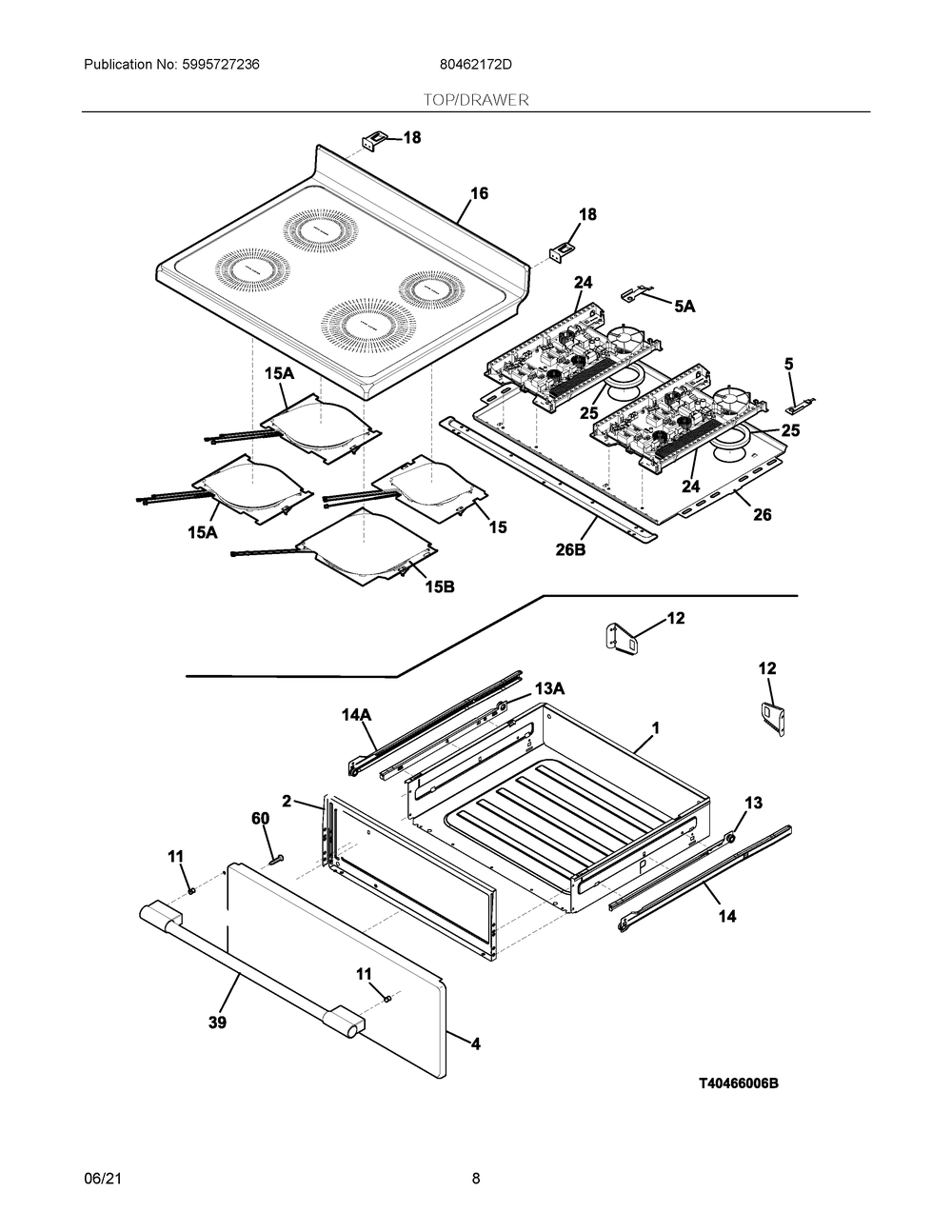Top/Drawer Diagram and Parts List for 80462172D  Frigidaire Range