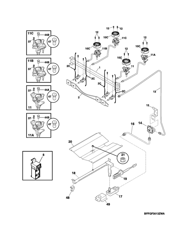 Burner Diagram and Parts List for FFGF3013ZWC  Frigidaire Range