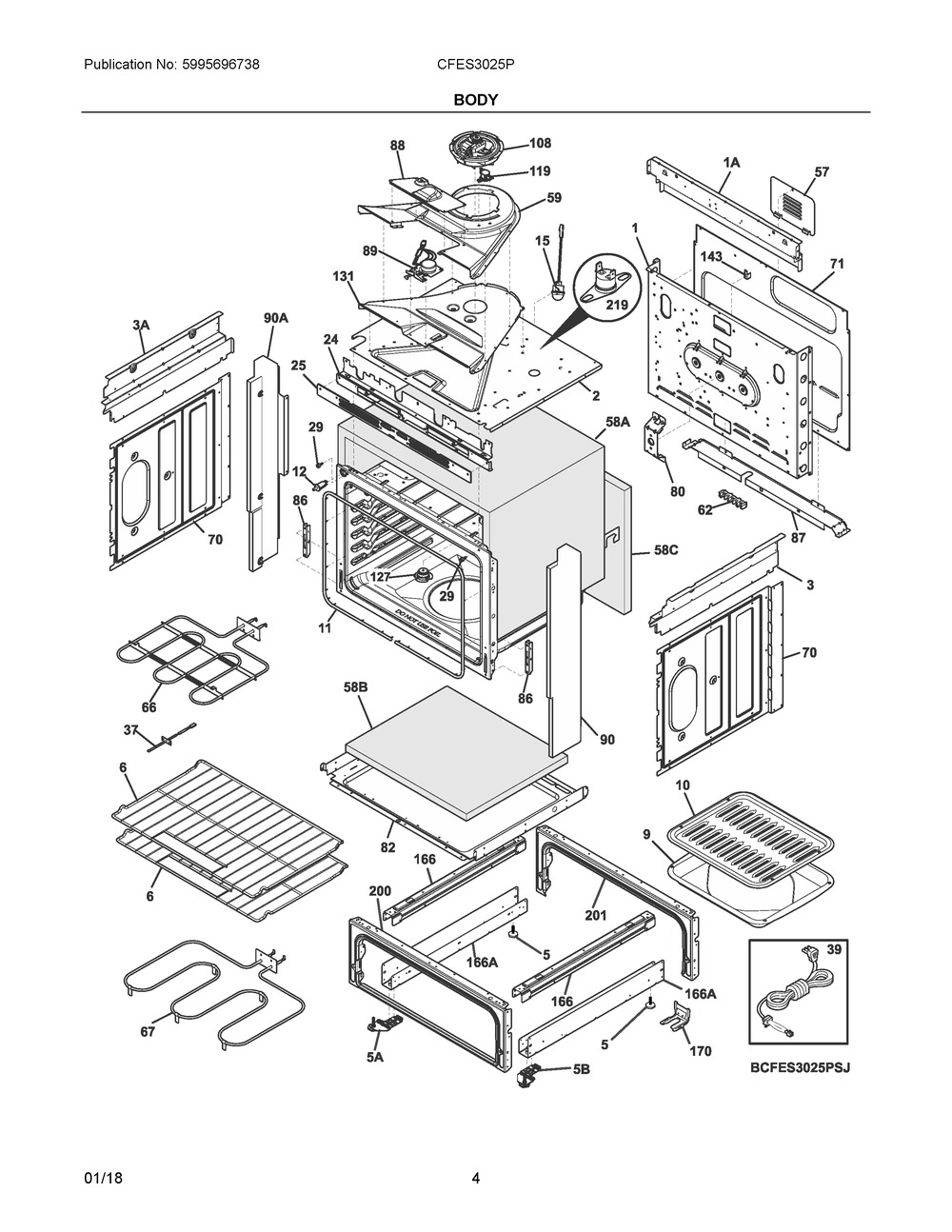 Body Diagram and Parts List for CFES3025PSJ  Frigidaire Range