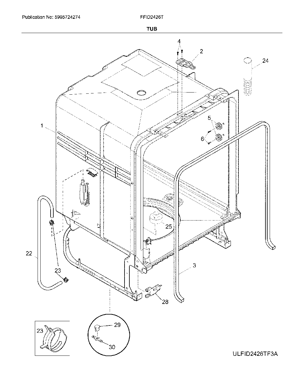 Tub Diagram and Parts List for FFID2426TS5A  Frigidaire Dishwasher