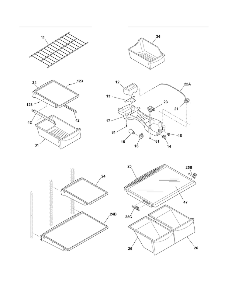 Shelves Diagram and Parts List for FRT21IL6JW6  Frigidaire Refrigerator