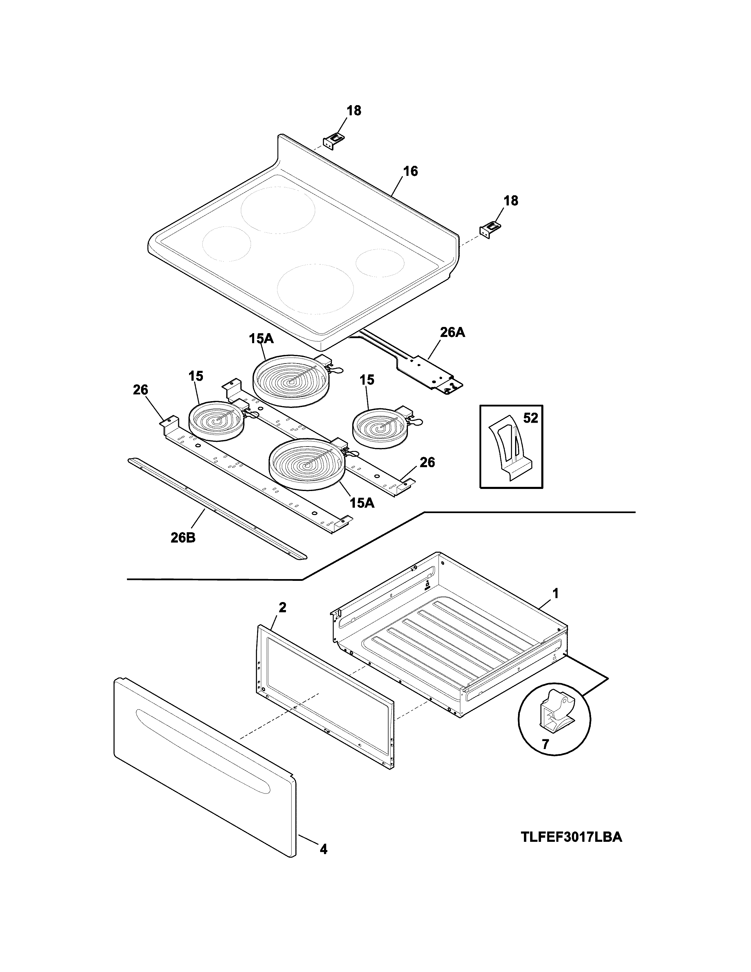 Top/drawer Diagram and Parts List for CFEF3014TWA  Frigidaire Range